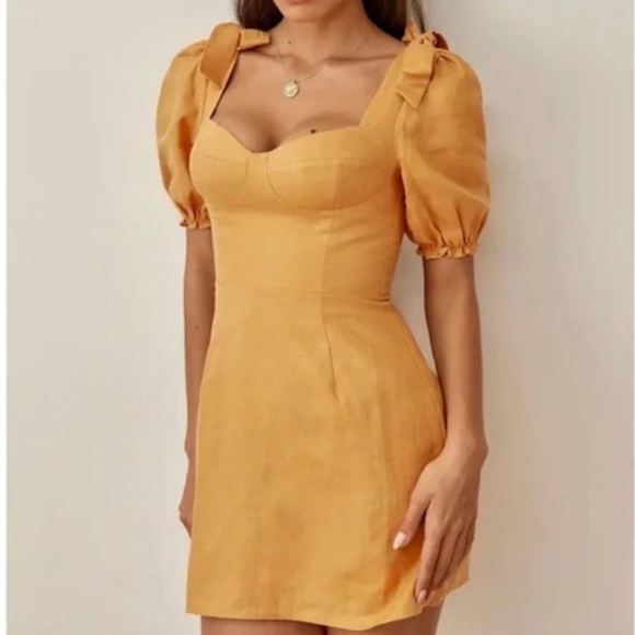 Reformation Yellow Ochre Spring Bow Sleeve Linen Mini Dress SIZE 6 - Picture 1 of 9